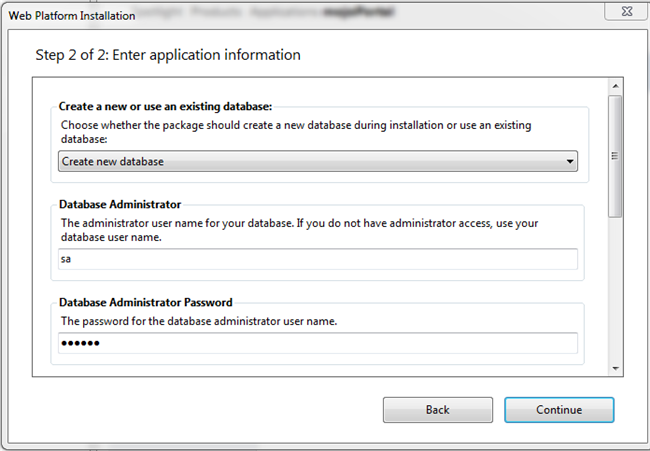 enter the sa user and password to create a new database