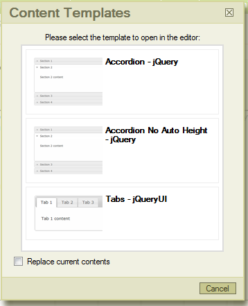 screenshot of content templates dialog