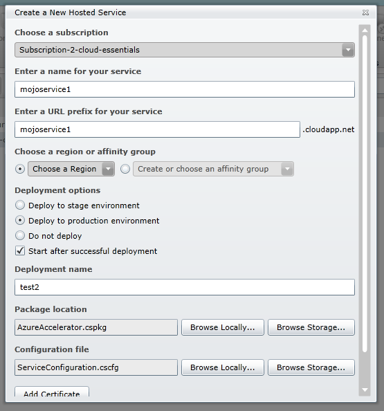 Create Hosted Service dialog screen shot 1