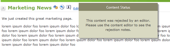 screen shot of content status showing rejected
